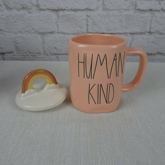 New RAE DUNN Rainbow 🌈 Figural Coffee Mug Human Kind Blush Pink With Lid Decor - Picture 12 of 12